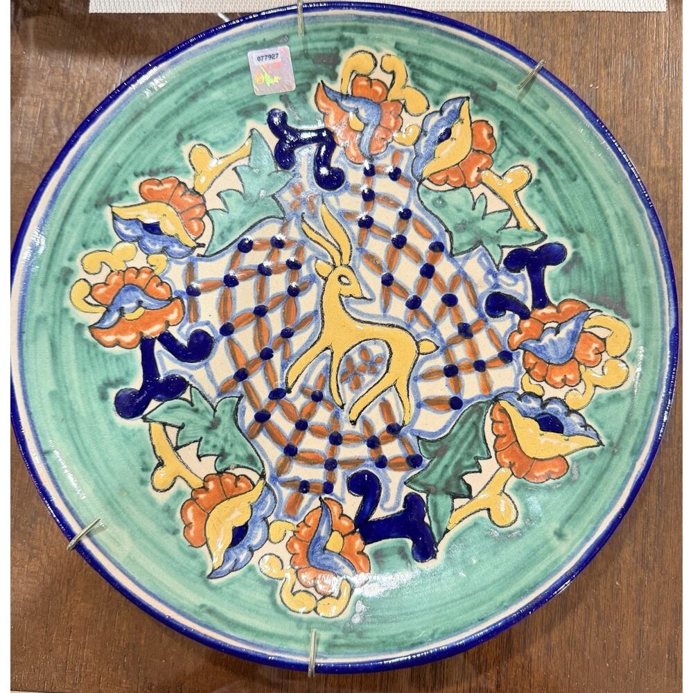 VTG Mexican Talavera Original Signed V. Perez 11” Deer Floral Plate Wall Decor